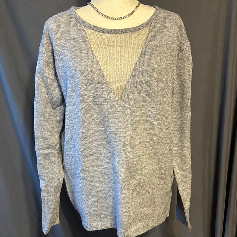 Gray Women's Sweater Mesh Cutout